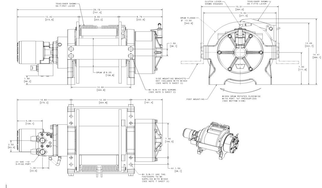 Hydraulic Winch - 30,000 Lbs - Air Clutch - 2 Stage - Standard Drum - Commercial