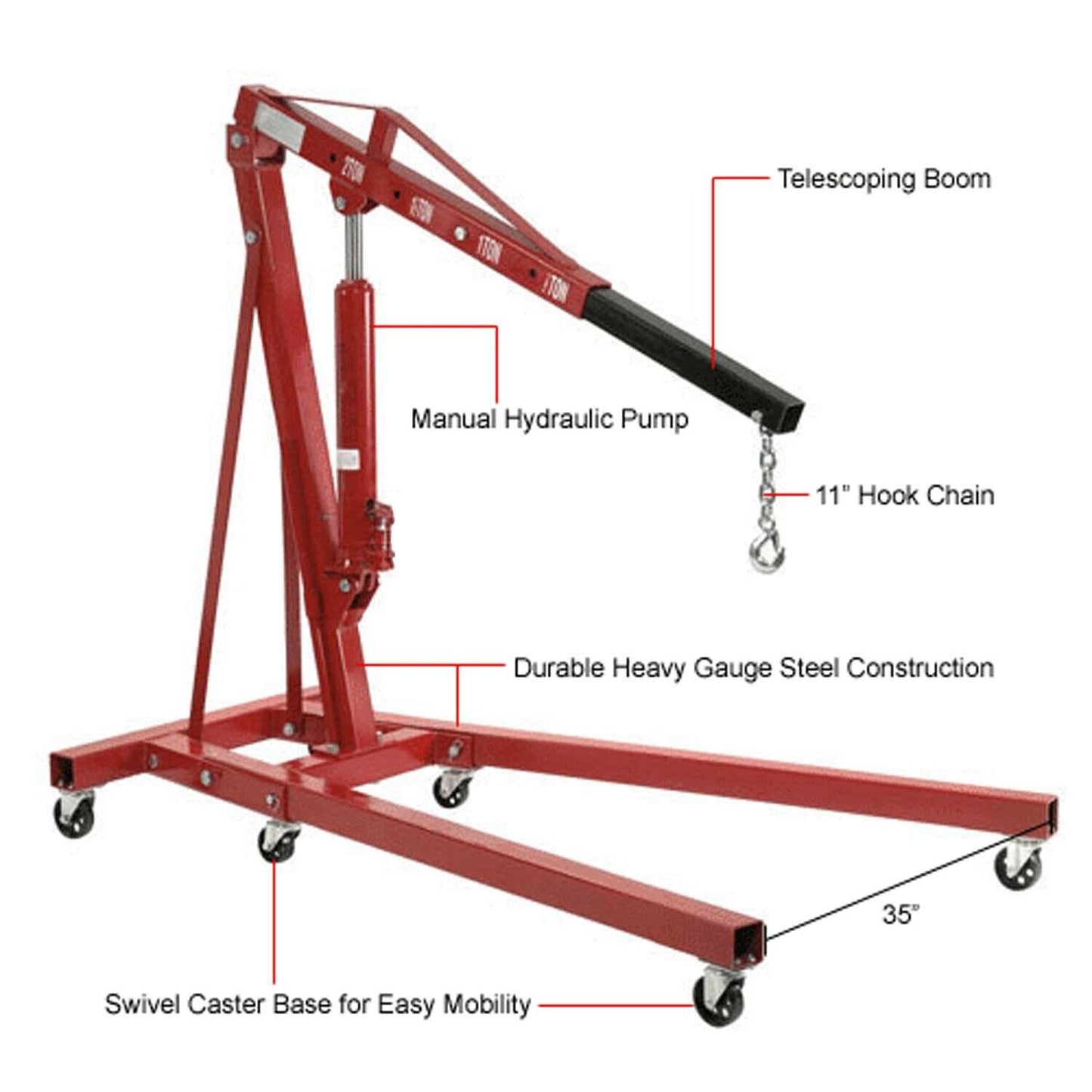 Floor Crane - 4000 lbs Capacity - 2 Ton - Straight Boom - Manual Hydraulic Pump