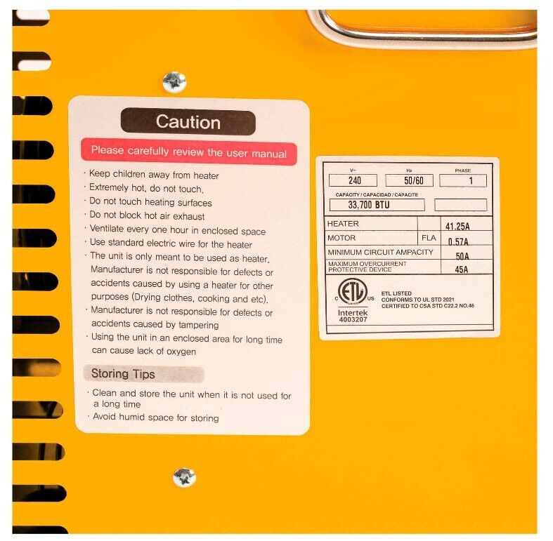 Portable Electric Heater - 33,700 BTU - 806 CFM - 240 Volt - 1 Phase - 10,200 W