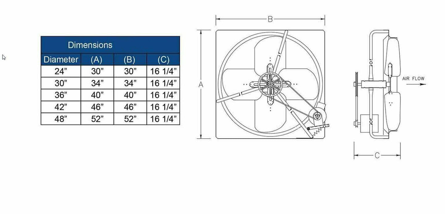 EXHAUST FAN Commercial - Belt Drive - 48" - 115/230V - 1 Ph - 1/2 Hp 17,100 CFM