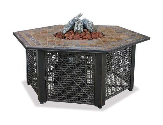 Propane Fire Pit Table - 30,000 BTU - Hexagon Slate Tile Mantel - Rocks & Glass